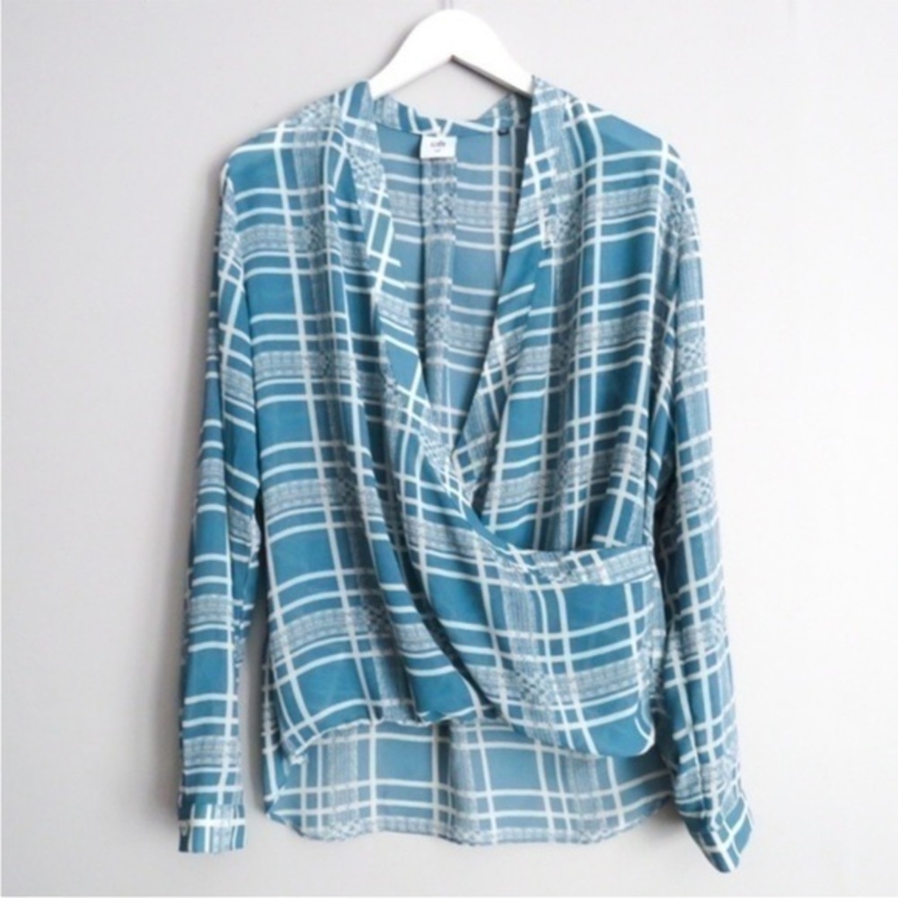 CABI | Window Pane Wrap Blouse| Large| # 3068 Teal see through NWOT